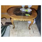WOODEN SIDE TABLE WITH GLASS INSERT, 30 IN X 25 IN