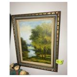 FRAMED AND MATTED OIL ON CANVAS, CREEK SIDE SCENE,