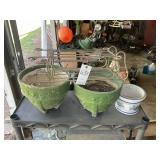 PAIR OF GREEN POTS 12 INCH DIAMETER 10 INCHES TALL
