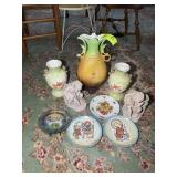 GROUP OF DECORATIVE ITEMS, PLATES, VASES, BOOK END
