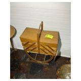 VINTAGE FOLD OUT SEWING BASKET, 20 IN X 10 IN X 29