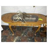 WOODEN OVAL GLASS TOP SOFA TABLE, 50 IN X 18 IN X