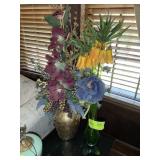 GROUP OF ARTIFICIAL FLOWERS AND VASES, GREEN GLASS