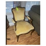 VINTAGE UPHOLSTERED ARM CHAIR, WOOD FRAME