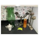 GROUP OF MISC DECORATIVE ITEMS, CANDLE STICKS, GRE