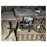 DOLL CRADDLE AND THREE TIERED WOODEN TABLE