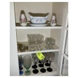THREE SHELVES INCLUDING MISC, WINE GLASSES, SALT N
