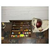 WOODEN WALL RACK WITH VINTAGE POOL BALLS, BOWLING
