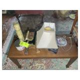 GROUP OF MISC DECORATIVE ITEMS, LAMP, GLASS DOOR K