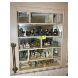 GROUP OF DECORATIVE ITEMS ON SHELF IN BATHROOM, CA