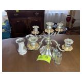 GROUP INCLUDING SILVER PLATE CANDELABRA, SALT N PE