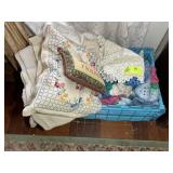 TOTE WITH MISC BLANKETS, THROWS, DECORATIVE PILLOW