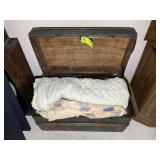 WOODEN TRUNK WITH MISC QUILTS