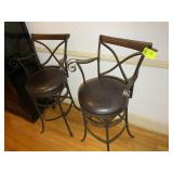 PAIR OF METAL FRAMED SWIVEL BAR STOOLS, ONE WITH D