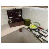 GROUP OF DECORATIVE ITEMS, TRAVEL BAR SET, TRIVET,