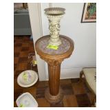 LARGE WOODEN PLANT STAND WITH STONE TOP 16 IN DIAM