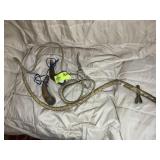 VINTAGE LEATHER WHIP, POWDER HORN AND HORN