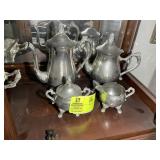 SILVER PLATED TEA POT, CREAM, SUGAR, COFFEE POT