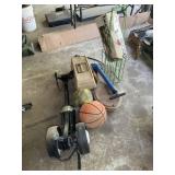GROUP WITH TENNIS RACKETS, BOCCE, TACKLE BOX