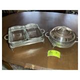 GROUP OF CLEAR GLASS AND SILVER PLATE SERVING DISH