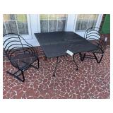 METAL PATIO TABLE 44 IN SQ WITH TWO METAL CHAIRS
