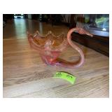 VINTAGE BLOWN GLASS SWAN BOWL, ORANGE, 14 IN X 9 I
