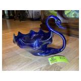 VINTAGE BLOWN GLASS SWAN BOWL, COBALT BLUE, 12 IN