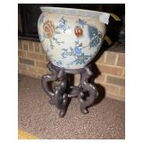 ORIENTAL STYLE PLANTER POT ON WOOD STAND, POT IS 1