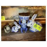 GROUP OF BLUE AND WHITE THEMED RABBITS AND MONKEY