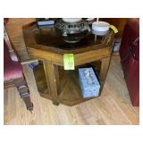 WOOD FRAME GLASS TOP SIDE TABLE 27 IN X 21.5 IN