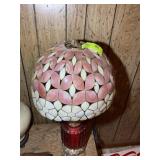 RED GLASS TABLE LAMP WITH SHELL STYLE SHADE, SOME