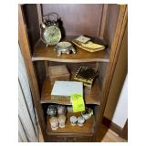 CONTENTS OF 3 SHELVES, DECORATIVE CLOCKS, TRINKET