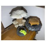 GROUP OF WOODEN PLANT STANDS AND MUSHROOM THEMED L
