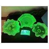 GROUP OF THREE URANIUM GLASS CANDY/NUT DISHES, ONE