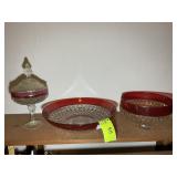 GROUP OF RED RIMMED GLASS DISHES