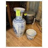 LARGE BLUE AND WHITE VASE 24 IN TALL AND PLANTER 6