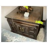 VINTAGE 2 DOOR GLASS TOP SIDE TABLE, 26 IN SQ. X 2