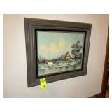 FRAMED OIL ON CANVAS, BARNS IN WINTER WITH BRIDGE,