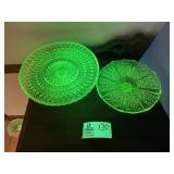 PAIR OF URANIUM GLASS PEDESTAL CAKE PLATES