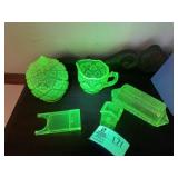 GROUP OF URANIUM GLASS ITEMS, BUTTER DISH, CREAMER