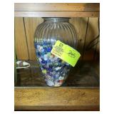 CLEAR GLASS VASE WITH ASSORTED MARBLES AND GLASS B
