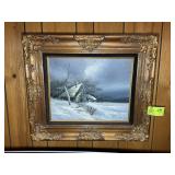 FRAMED OIL ON CANVAS, SNOW COVERED BARN, APPEARS T
