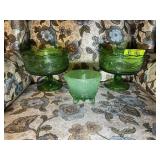 GROUP OF 3 GREEN GLASS CANDY DISHES, 2 MARKED EO B