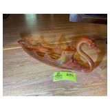 VINTAGE BLOWN GLASS SWAN BOWL, ORANGE, 18 IN L X 7
