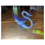 VINTAGE BLOWN GLASS SWAN BOWL, BLUE, 13 IN X 12 IN