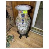 LARGE ORIENTAL STYLE VASE, 25 IN TALL ON WOOD STAN
