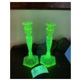 PAIR OF URANIUM GLASS CANDLE STICK HOLDERS
