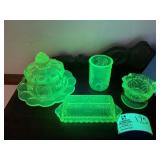 GROUP OF URANIUM GLASS ITEMS, COVERED CHEESE DISH,