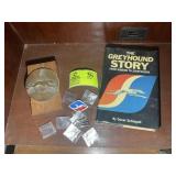 GROUP OF GREYHOUND MEMORABILIA, PINS, BOOK, ETC