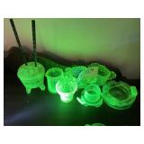 GROUP OF URANIUM GLASS ITEMS, ASH TRAY, CREAM AND